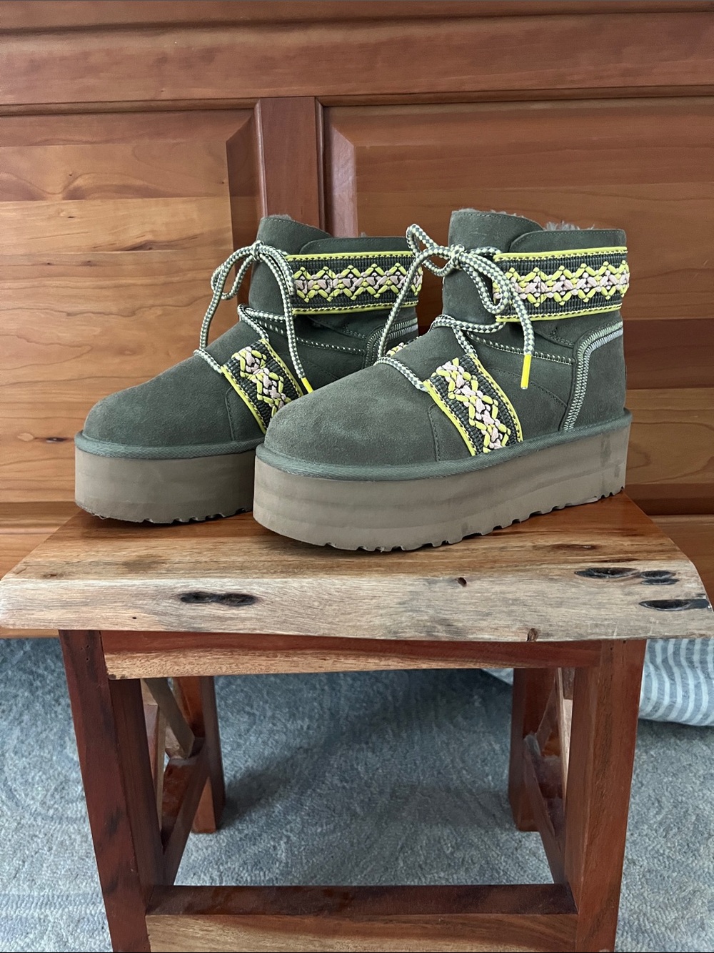 UGG Classic Heritage Olive Green Mini Braid II Platform Ankle Boots 1138492